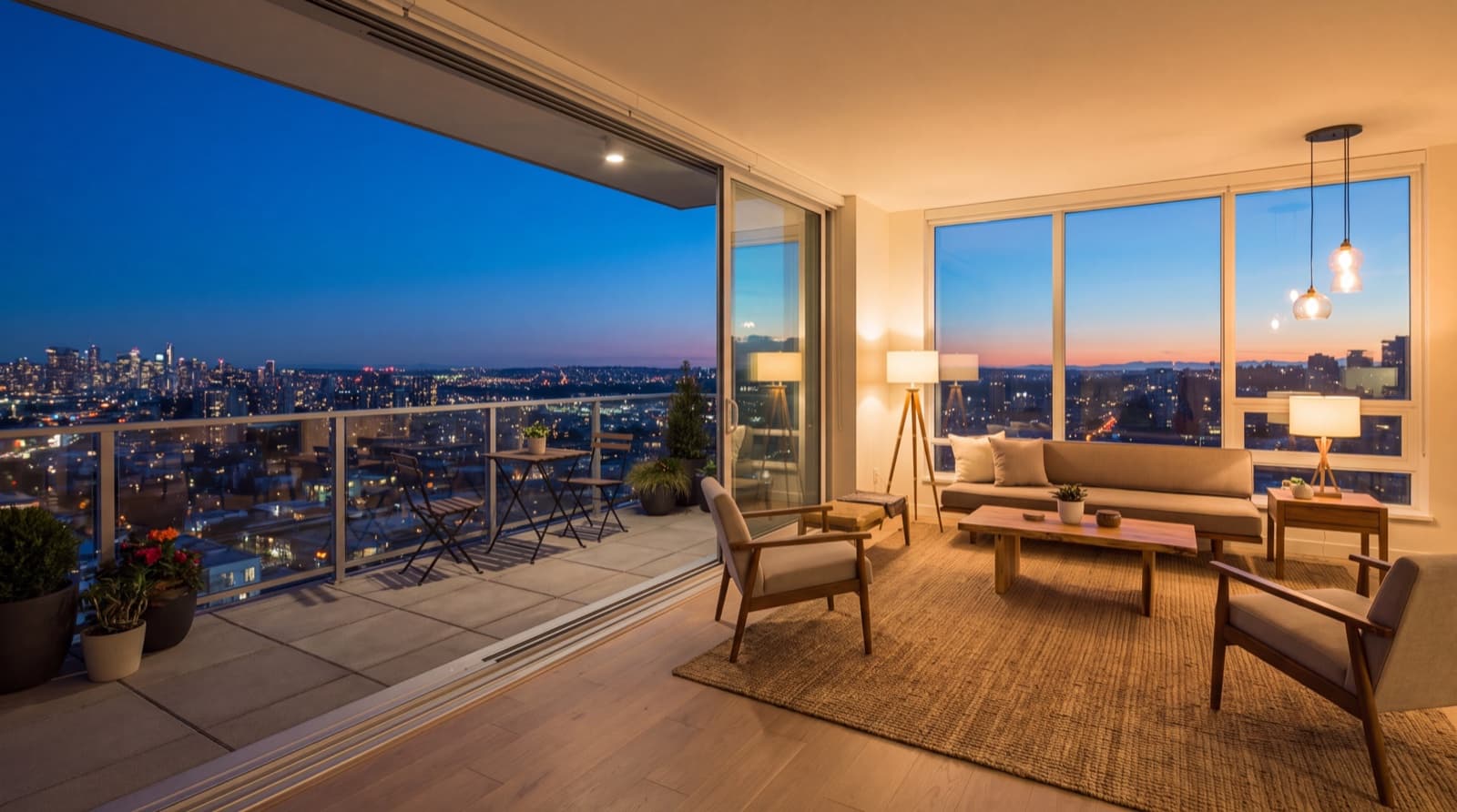 Condo living room at dusk opening through a wide sliding glass wall onto a balcony with city views