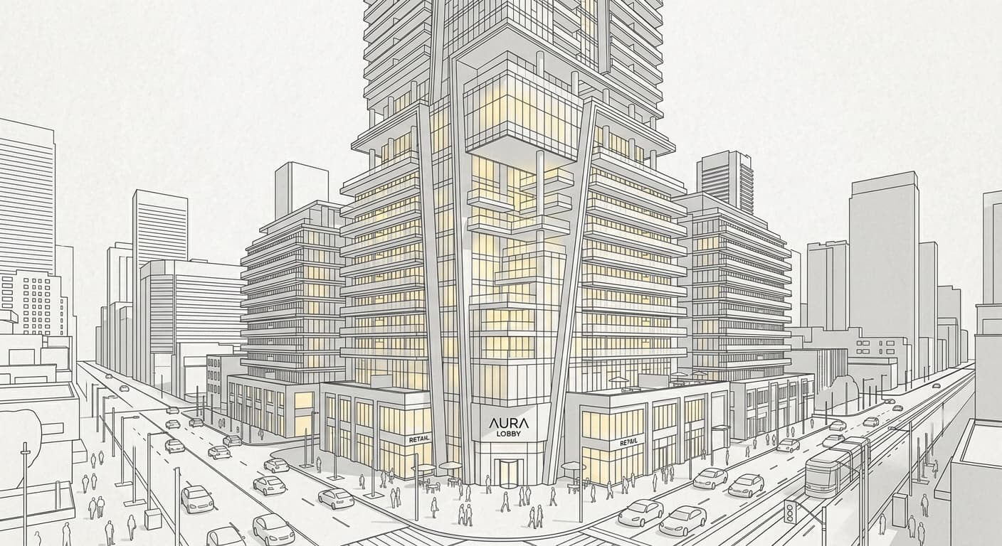 Line drawing of a residential tower on a city street corner, becoming the finished image